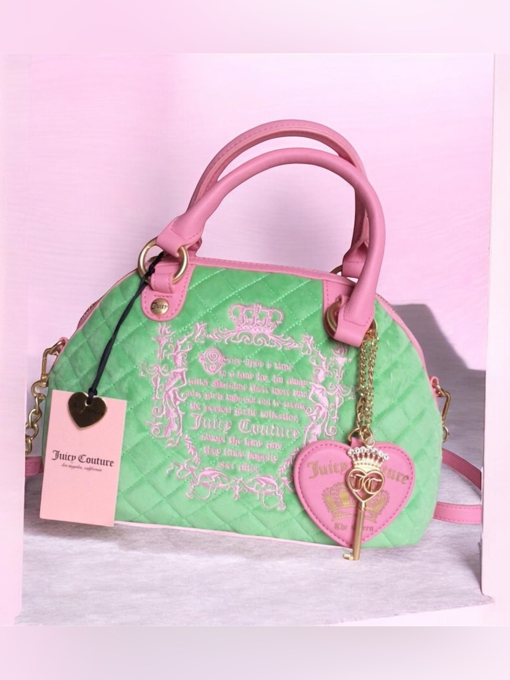Nwt Juicy Couture Pink & Green Quilted Satchel with Heart Charm